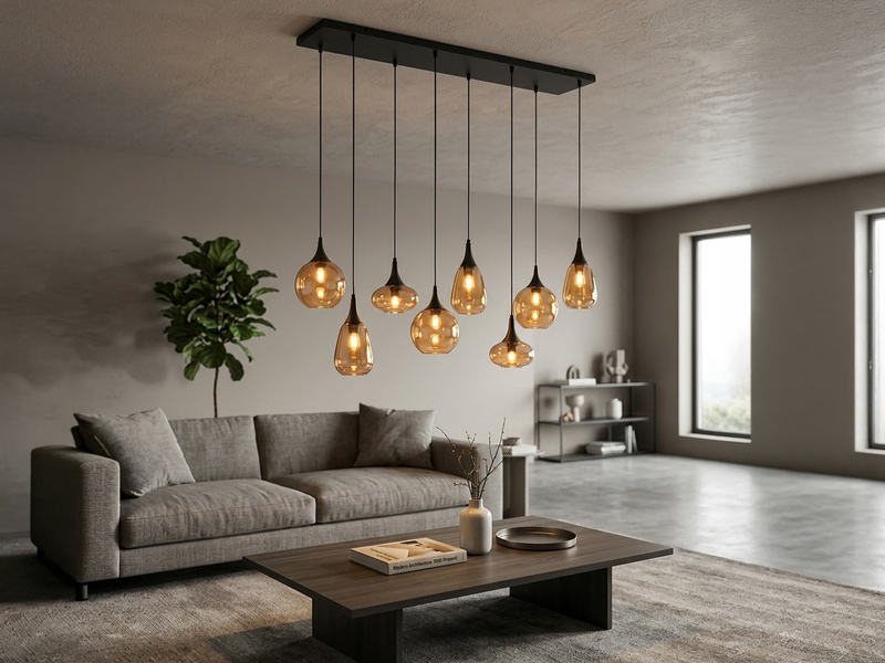 Pendelleuchte 8-flammig Glasschirme Amberfarbig mit E14 LED, Breite 121cm