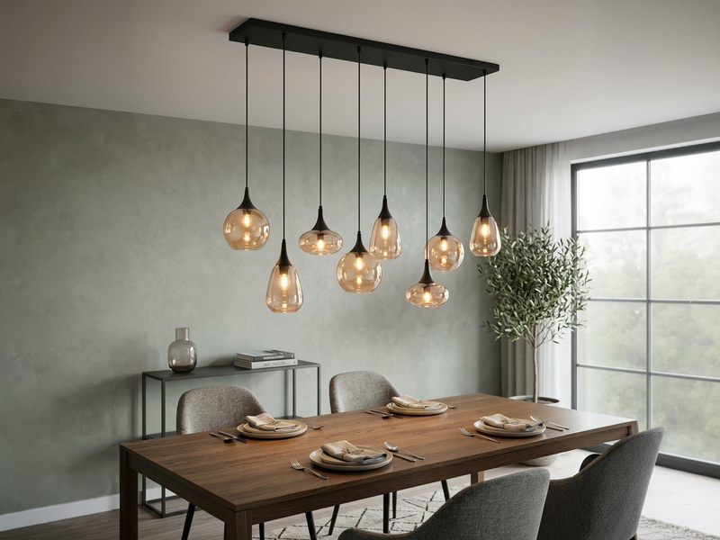 Pendelleuchte 8-flammig Glasschirme Amberfarbig mit E14 LED, Breite 121cm
