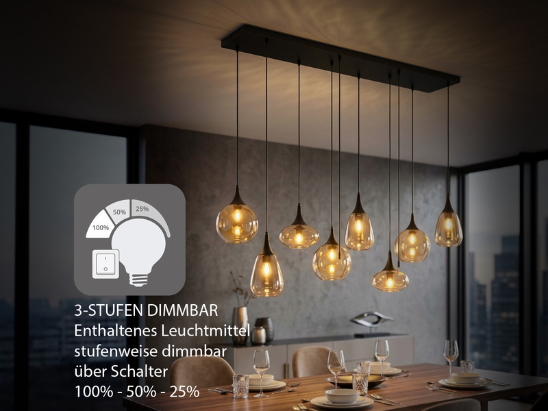 Pendelleuchte 8-flammig Glasschirme Amberfarbig mit E14 LED, Breite 121cm