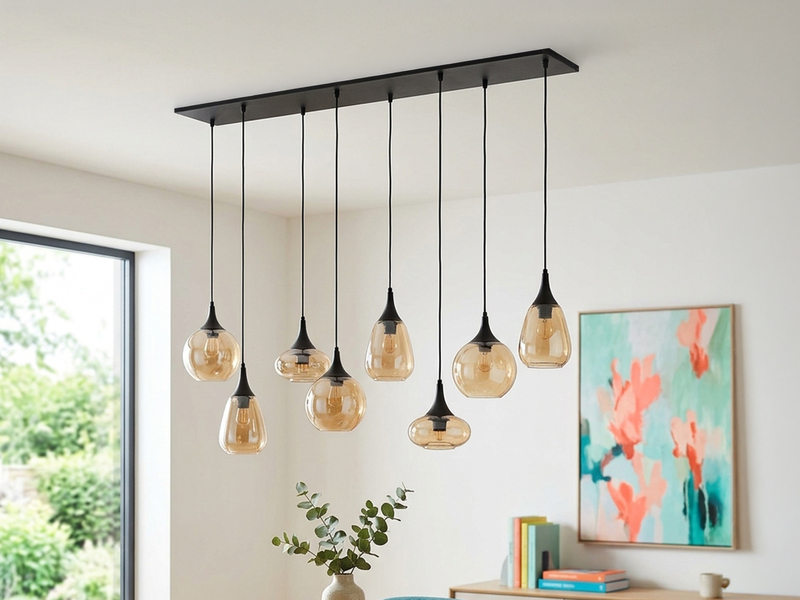 Pendelleuchte 8-flammig Glasschirme Amberfarbig mit E14 LED, Breite 121cm