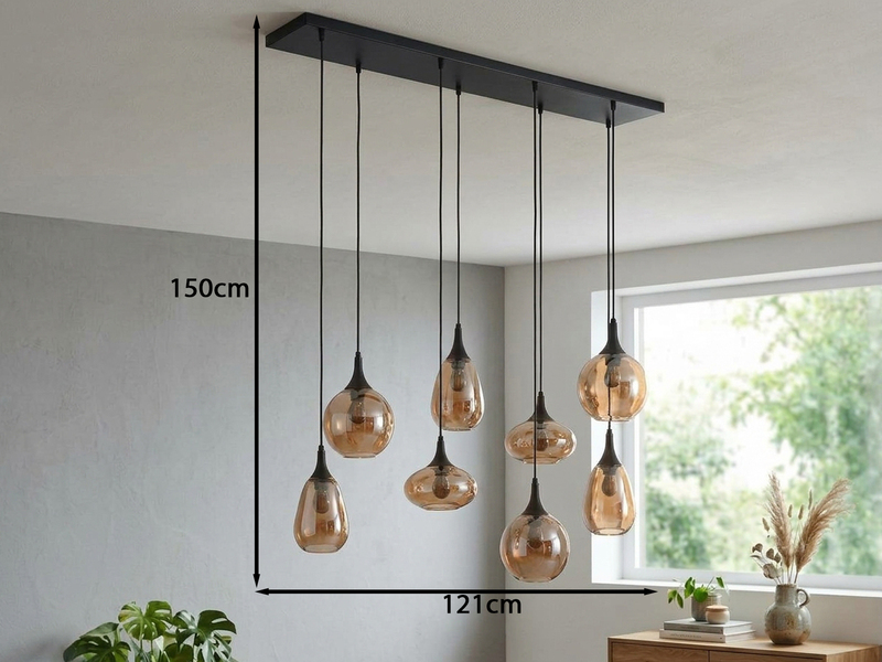 Pendelleuchte 8-flammig Glasschirme Amberfarbig mit E14 LED, Breite 121cm