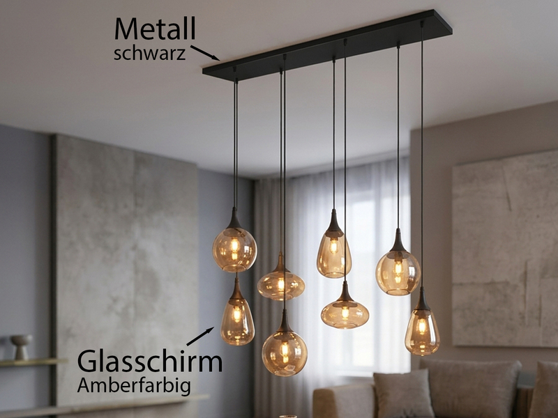 Pendelleuchte 8-flammig Glasschirme Amberfarbig mit E14 LED, Breite 121cm
