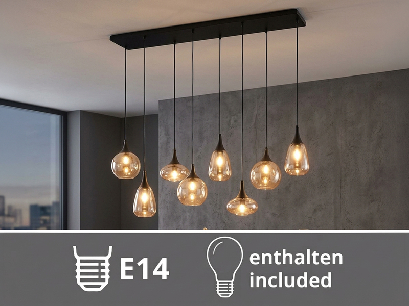 Pendelleuchte 8-flammig Glasschirme Amberfarbig mit E14 LED, Breite 121cm