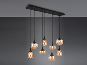 Große LED Balkenpendelleuchte 8-flammig, Glas amberfarbig, Breite 121cm