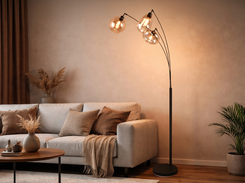 Große LED Stehleuchte mit 3 Glas Lampenschirmen amberfarbig, H: 200cm