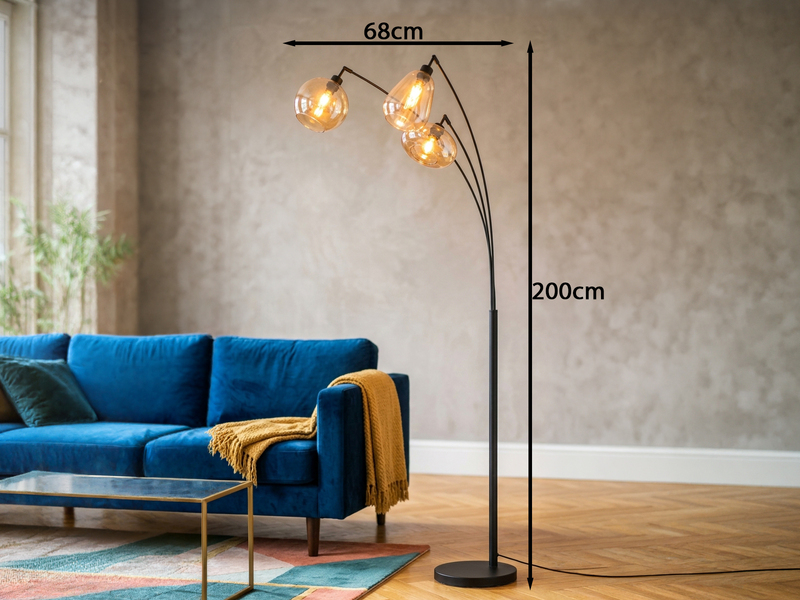 Große Stehleuchte mit 3 Glas Lampenschirmen Amber inkl. E14 LED, Höhe 200cm