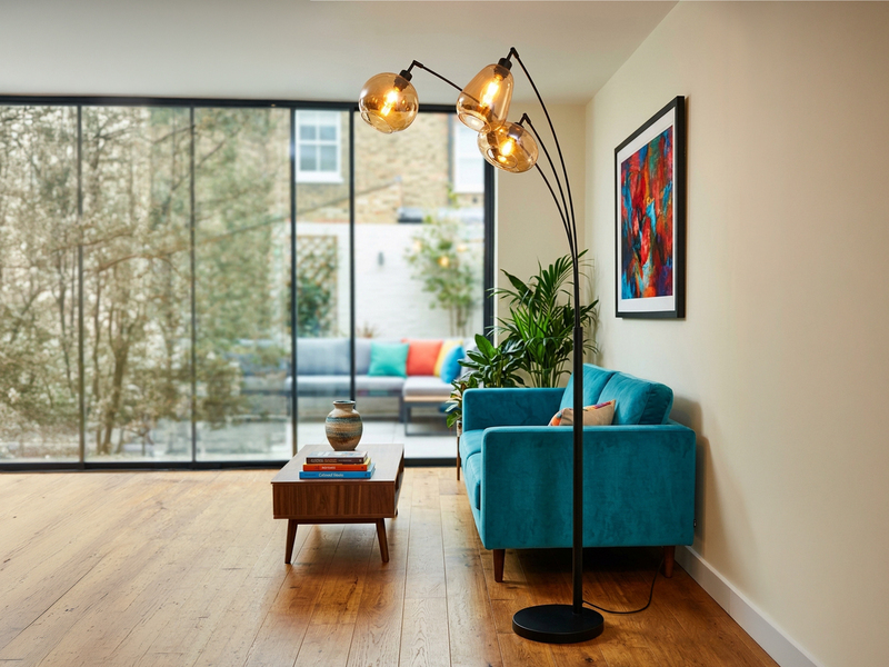 Große Stehleuchte mit 3 Glas Lampenschirmen Amber inkl. E14 LED, Höhe 200cm