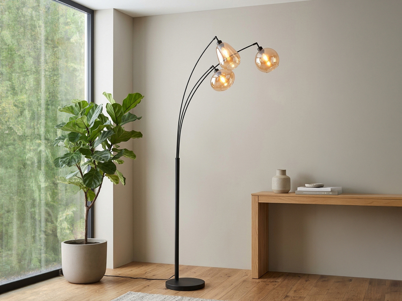 Große Stehleuchte mit 3 Glas Lampenschirmen Amber inkl. E14 LED, Höhe 200cm