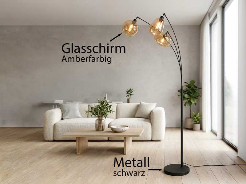 Große Stehleuchte mit 3 Glas Lampenschirmen Amber inkl. E14 LED, Höhe 200cm