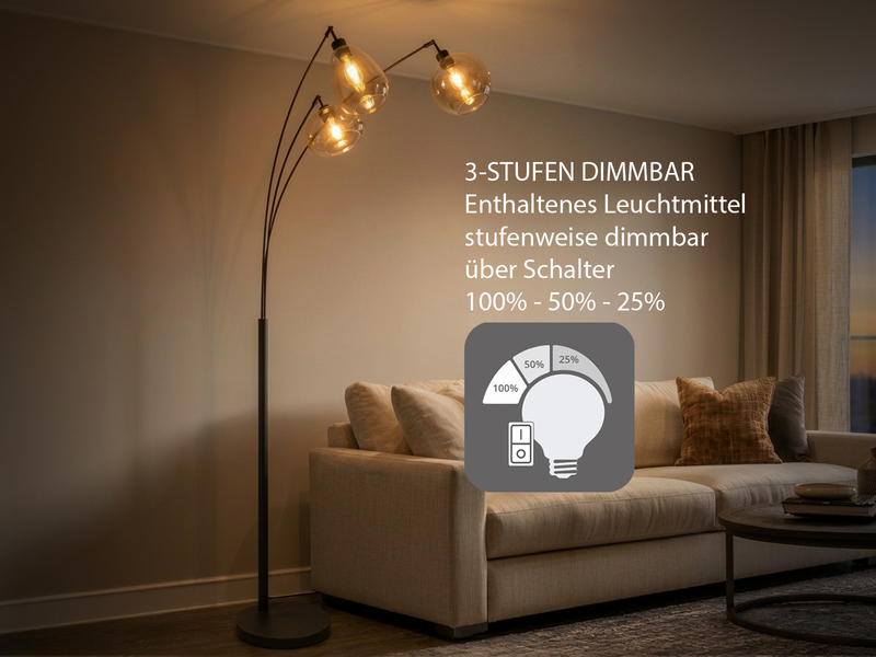 Große Stehleuchte mit 3 Glas Lampenschirmen Amber inkl. E14 LED, Höhe 200cm