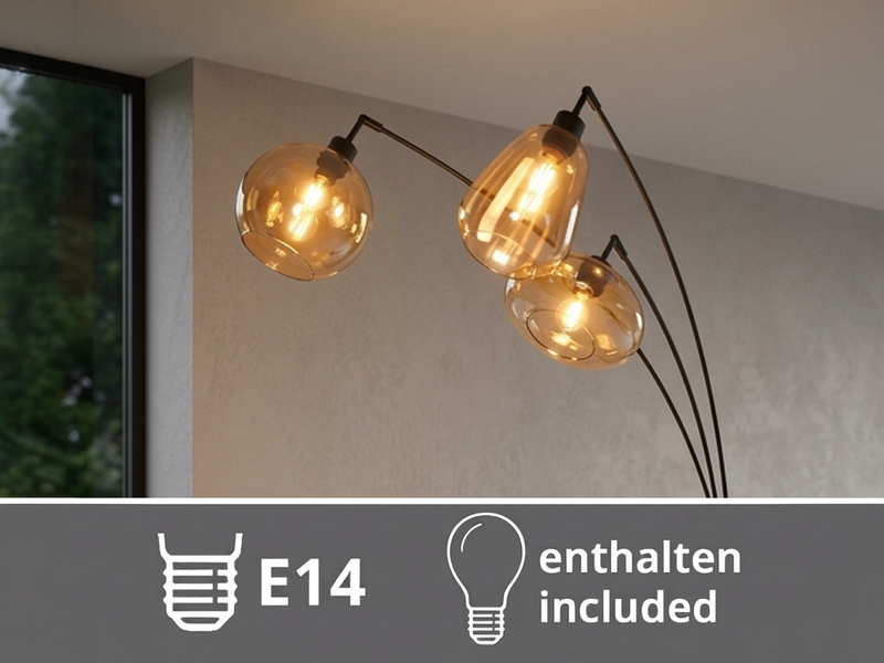Große Stehleuchte mit 3 Glas Lampenschirmen Amber inkl. E14 LED, Höhe 200cm