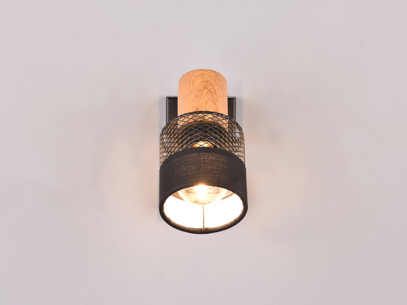 Wandstrahler NANDINI mit Holz & Draht-Stoff Lampenschirm, Breite 7cm