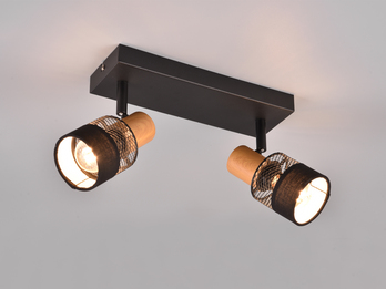 Deckenstrahler NANDINI 2-flammig, Holz & Draht-Stoff Lampenschirm, Breite 38,5cm