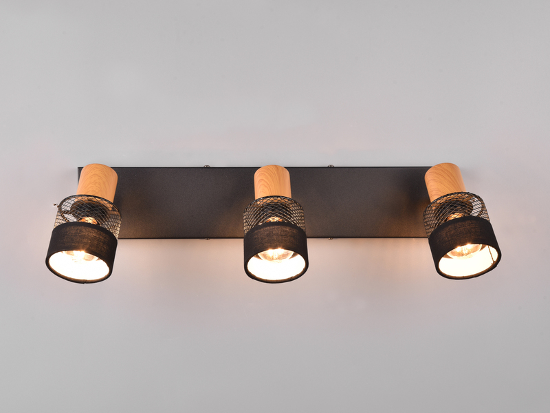 Deckenstrahler NANDINI 3-flammig, Holz & Draht-Stoff Lampenschirm, Breite 58,5cm