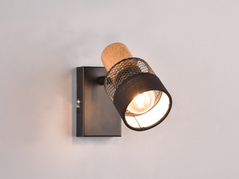 LED Wandstrahler mit Holzelement & Draht-Stoff Lampenschirm, H: 13,5cm