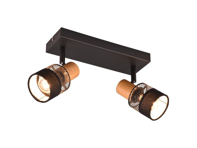 LED Deckenstrahler 2-flammig, Holz & Draht-Stoff Lampenschirm, Breite 38,5cm