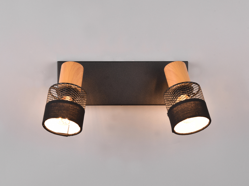 LED Deckenstrahler 2-flammig, Holz & Draht-Stoff Lampenschirm, Breite 38,5cm