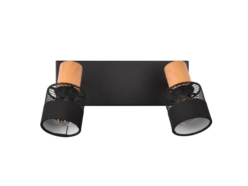 LED Deckenstrahler 2-flammig, Holz & Draht-Stoff Lampenschirm, Breite 38,5cm