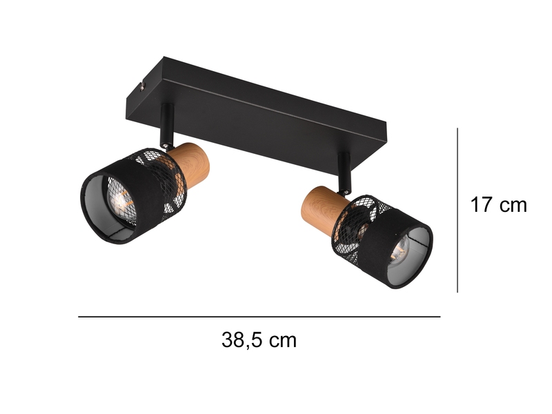 LED Deckenstrahler 2-flammig, Holz & Draht-Stoff Lampenschirm, Breite 38,5cm