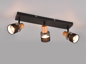 LED Deckenstrahler 3-flammig, Holz & Draht-Stoff Lampenschirm, Breite 58,5cm
