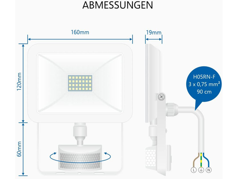 LED Flutlichtstrahler mit Bewegungsmelder Weiß, 20 Watt, IP54