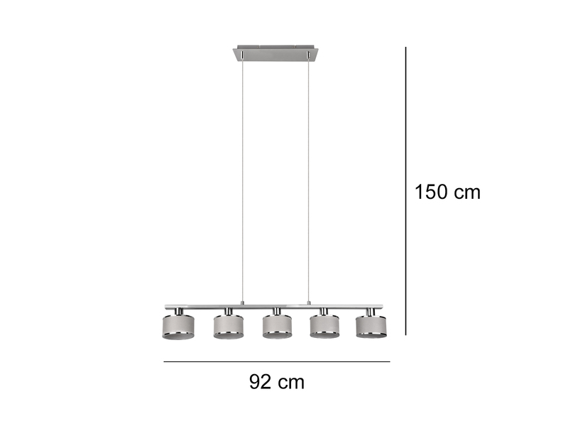 Balkenpendelleuchte KAPRUN 5-flammig, Stoffschirme Grau, Breite 92cm