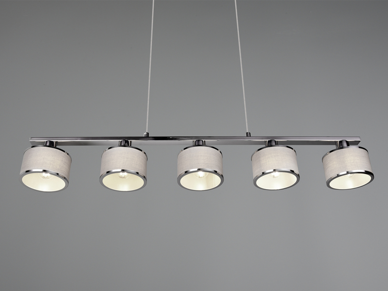 Pendelleuchte KAPRUN Chrom 5-flammig Stoff Lampenschirme Grau, Breite 92cm