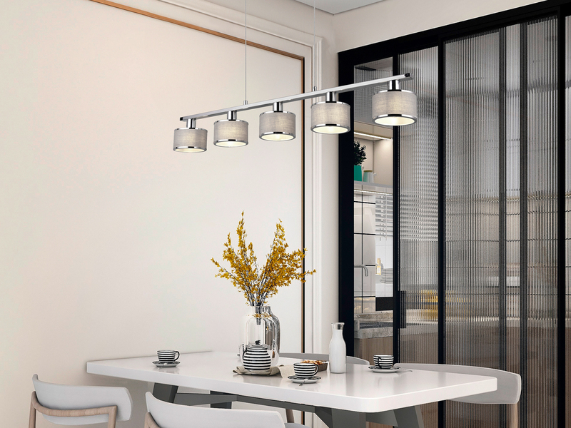 Pendelleuchte KAPRUN Chrom 5-flammig Stoff Lampenschirme Grau, Breite 92cm