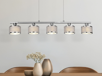 Pendelleuchte KAPRUN Chrom 5-flammig Stoff Lampenschirme Grau, Breite 92cm
