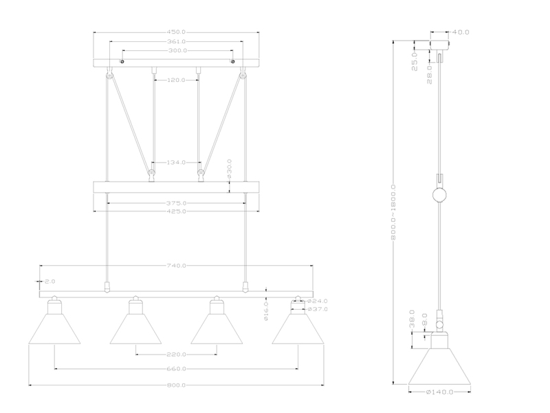 Pendelleuchte STAMINA mit Glas 4-flammig höhenverstellbar 80-180cm, B:80cm