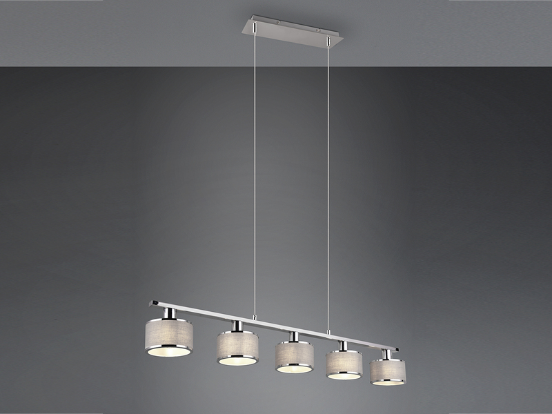 LED Balkenpendelleuchte 5-flammig Lampenschirme Stoff Grau, Breite 92cm