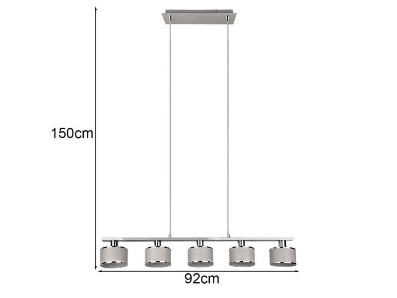 LED Balkenpendelleuchte 5-flammig Lampenschirme Stoff Grau, Breite 92cm