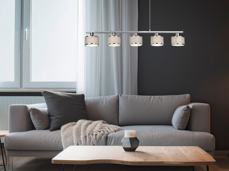 LED Balkenpendelleuchte 5-flammig Lampenschirme Stoff Grau, Breite 92cm