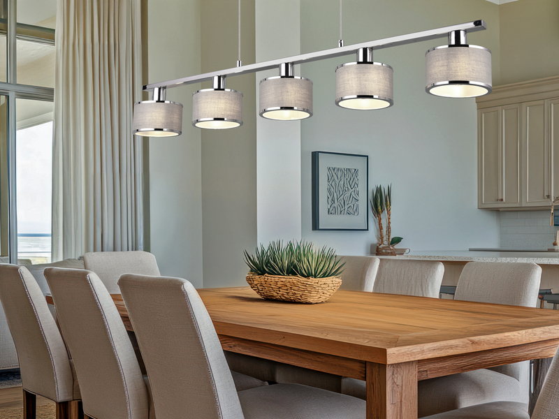LED Balkenpendelleuchte 5-flammig Lampenschirme Stoff Grau, Breite 92cm