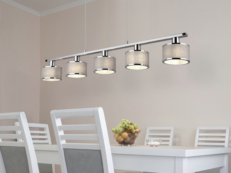 LED Balkenpendelleuchte 5-flammig Lampenschirme Stoff Grau, Breite 92cm
