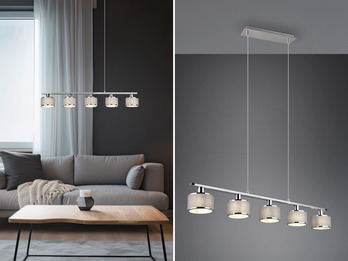 LED Balkenpendelleuchte 5-flammig Lampenschirme Stoff Grau, Breite 92cm