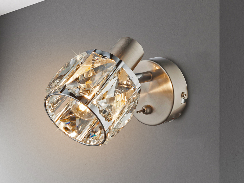 Wandstrahler KRIS mit Schalter & Glaskristallen Silber matt, Breite 9cm
