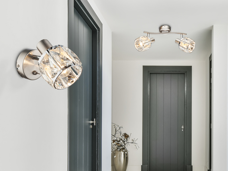 Wandstrahler KRIS mit Schalter & Glaskristallen Silber matt, Breite 9cm