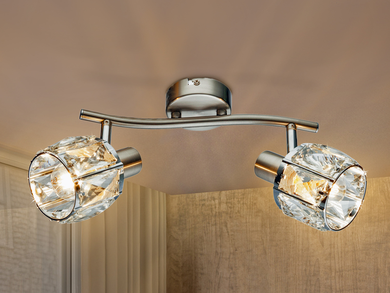 Deckenstrahler KRIS 2-flammig mit Glas Kristallen in Silber, Breite 28cm
