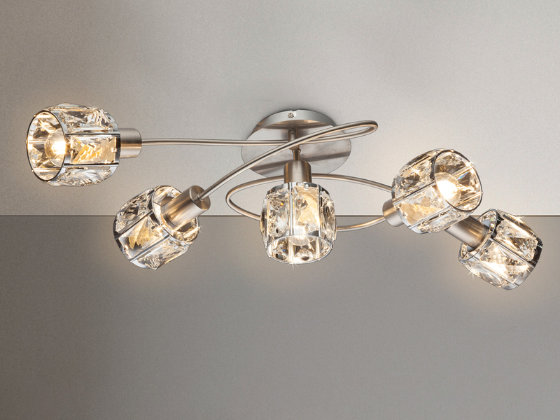 Deckenleuchte KRIS 5-flammig mit Glas Kristallen in Silber, Breite 61,5cm