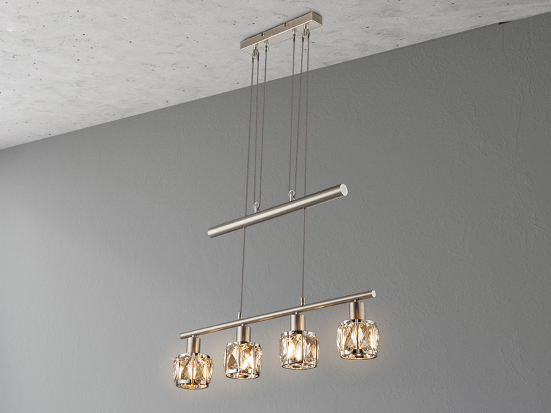 Balkenpendelleuchte KRIS höhenverstellbar mit Glaskristallen Silber, Breite 60cm