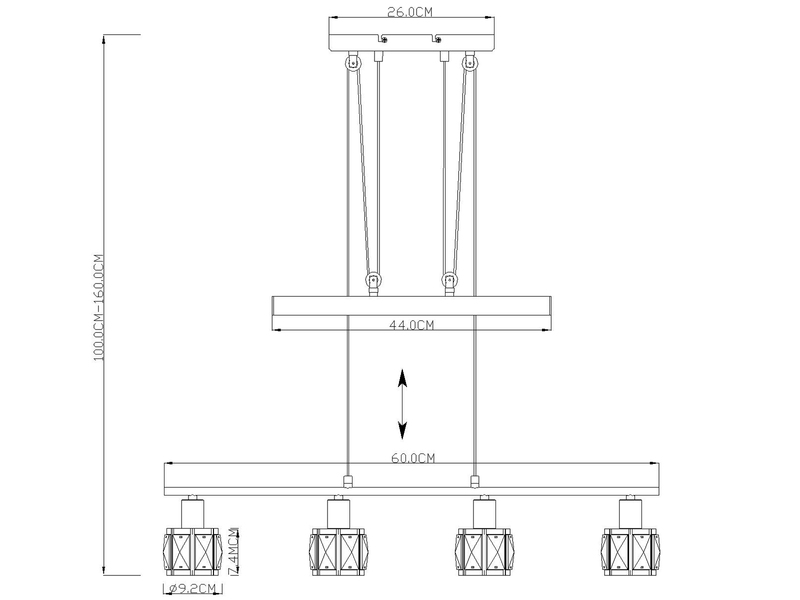 Balkenpendelleuchte KRIS höhenverstellbar mit Glaskristallen Silber, Breite 60cm