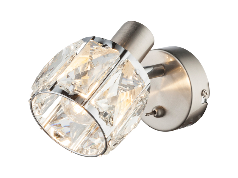 LED Wandstrahler mit Schalter & Glaskristallen Silber matt, Breite 9cm