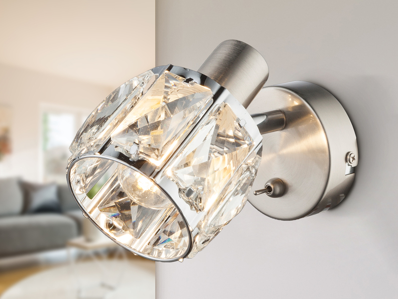 LED Wandstrahler mit Schalter & Glaskristallen Silber matt, Breite 9cm
