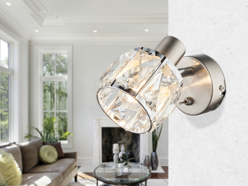 LED Wandstrahler mit Schalter & Glaskristallen Silber matt, Breite 9cm