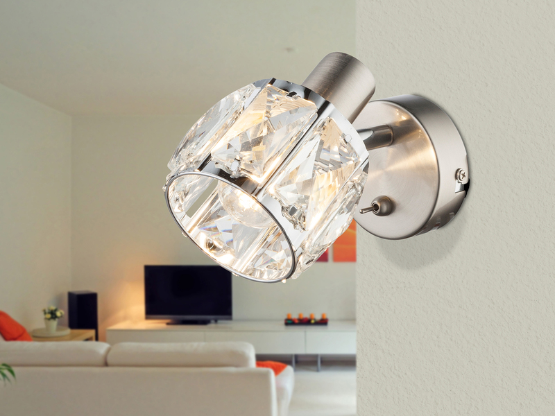 LED Wandstrahler mit Schalter & Glaskristallen Silber matt, Breite 9cm