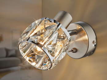 LED Wandstrahler mit Schalter & Glaskristallen Silber matt, Breite 9cm
