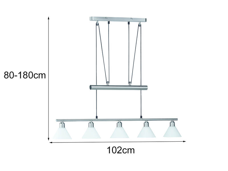 Pendelleuchte STAMINA mit Glas 5-flammig höhenverstellbar 80-180cm, B:102cm