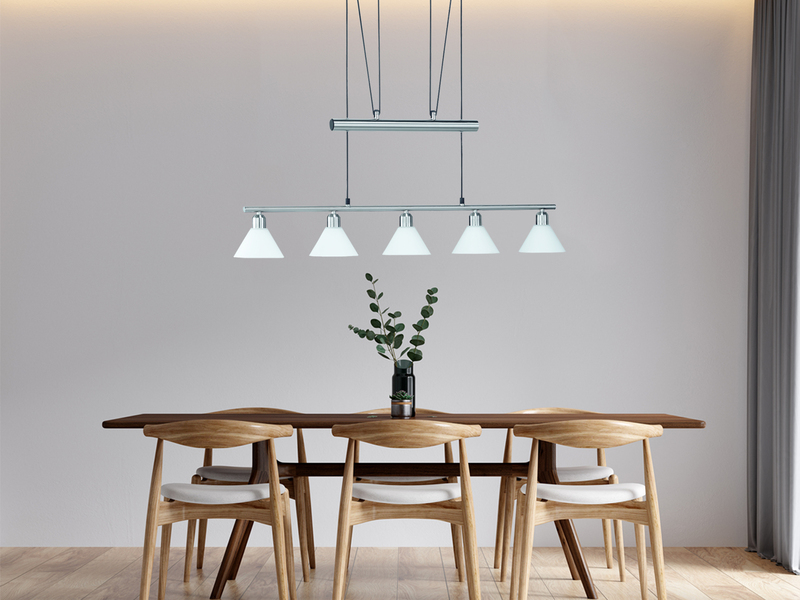 Pendelleuchte STAMINA mit Glas 5-flammig höhenverstellbar 80-180cm, B:102cm
