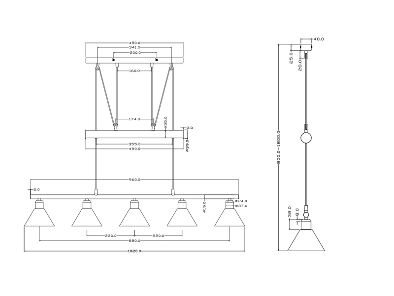 Pendelleuchte STAMINA mit Glas 5-flammig höhenverstellbar 80-180cm, B:102cm